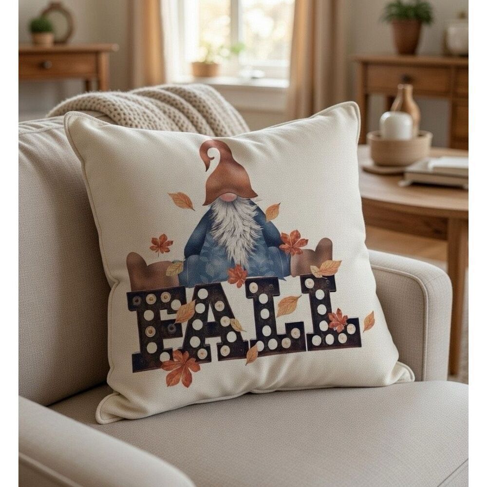Fall Decor Pillow COVER 22”x22”, Decorative Thanksgiving Home Gnome NEW